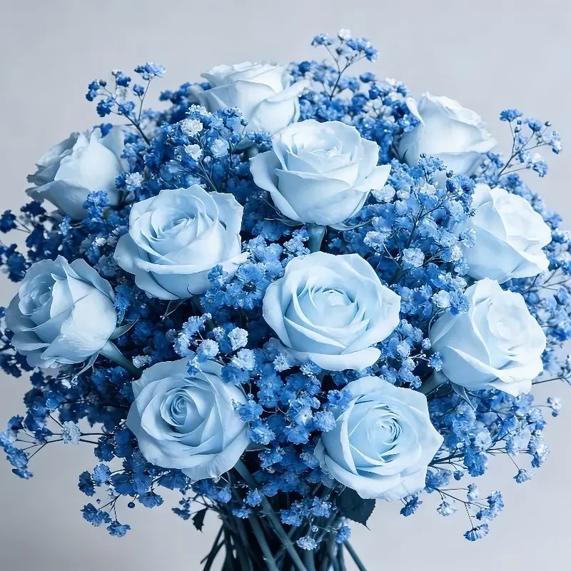 26 Blue Roses & Baby's Breath Bouquet, Lifelike Faux Flowers, Artificial Flowers Bouquet, Perfect for Graduation, Valentine's Day, Birthday, Home Decor, Gift for Adults & Couples