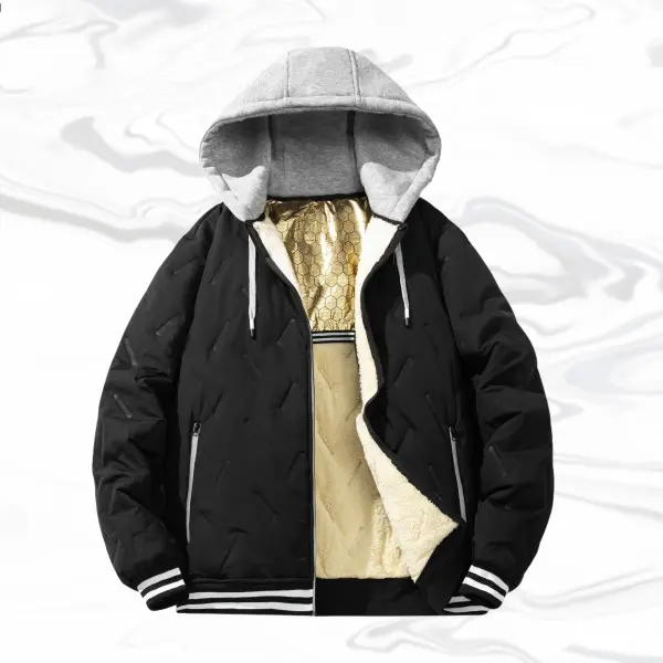 Men's Polyester Hooded Fleece Jacket - Male Normal Type Plain Diamond Pattern, Casual Outdoor Fitted Long Sleeve with Drawstring and Zippered Pockets