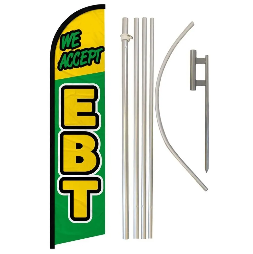 Polyester Windless Banner Flag & Aluminium-Steel Complete Pole Kit - 16ft Tall, 11.5x2.5ft, Cordless, Sturdy, Wear-Resistant, Curved Sleeve, Stable Backdrop for Home, Festive Party Supplies, EBT Accepted