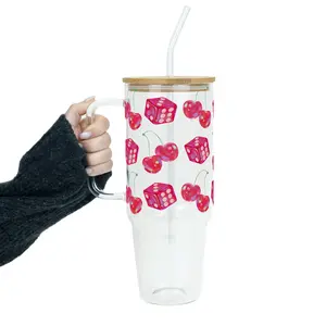 Lucky Girl Cherries and Dice Glass Tumbler with Lid and Plastic and Glass Straws
