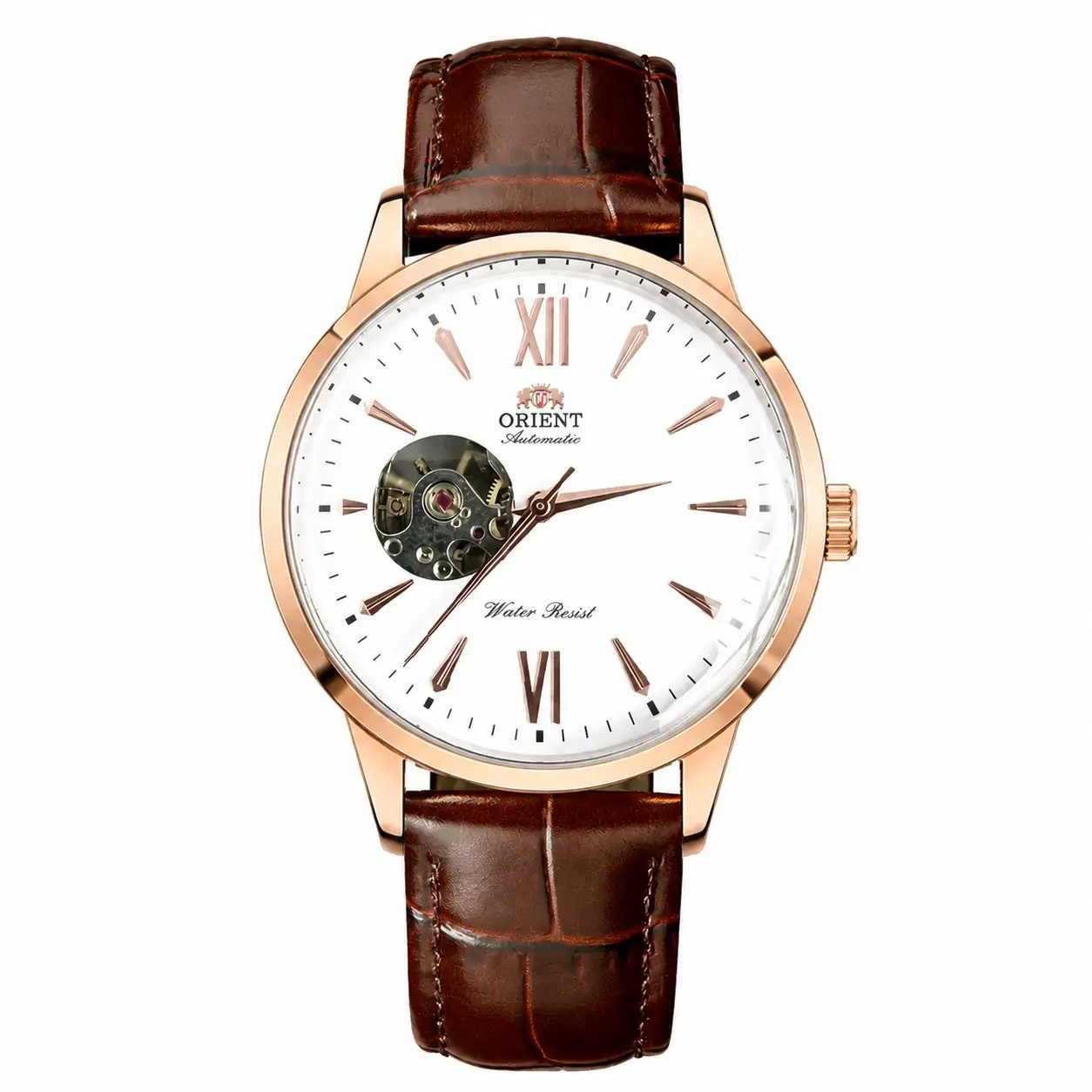 ORIENT Men's Self-winding Mechanical Wrist Watch, Elegant Open-Heart Skeleton Design, White Dial with Roman Markers, Comfortable Brown Leather Band for Daily Business Wear