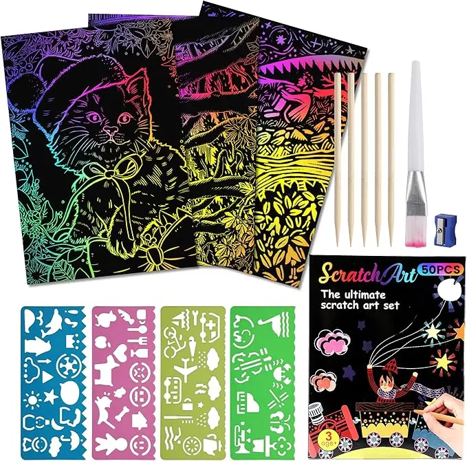 Rainbow Scratch Art Kit | 50 Sheets Non-Toxic Craft Paper | DIY Birthday/Christmas Gifts for Kids | Classroom & Holiday Party Supplies