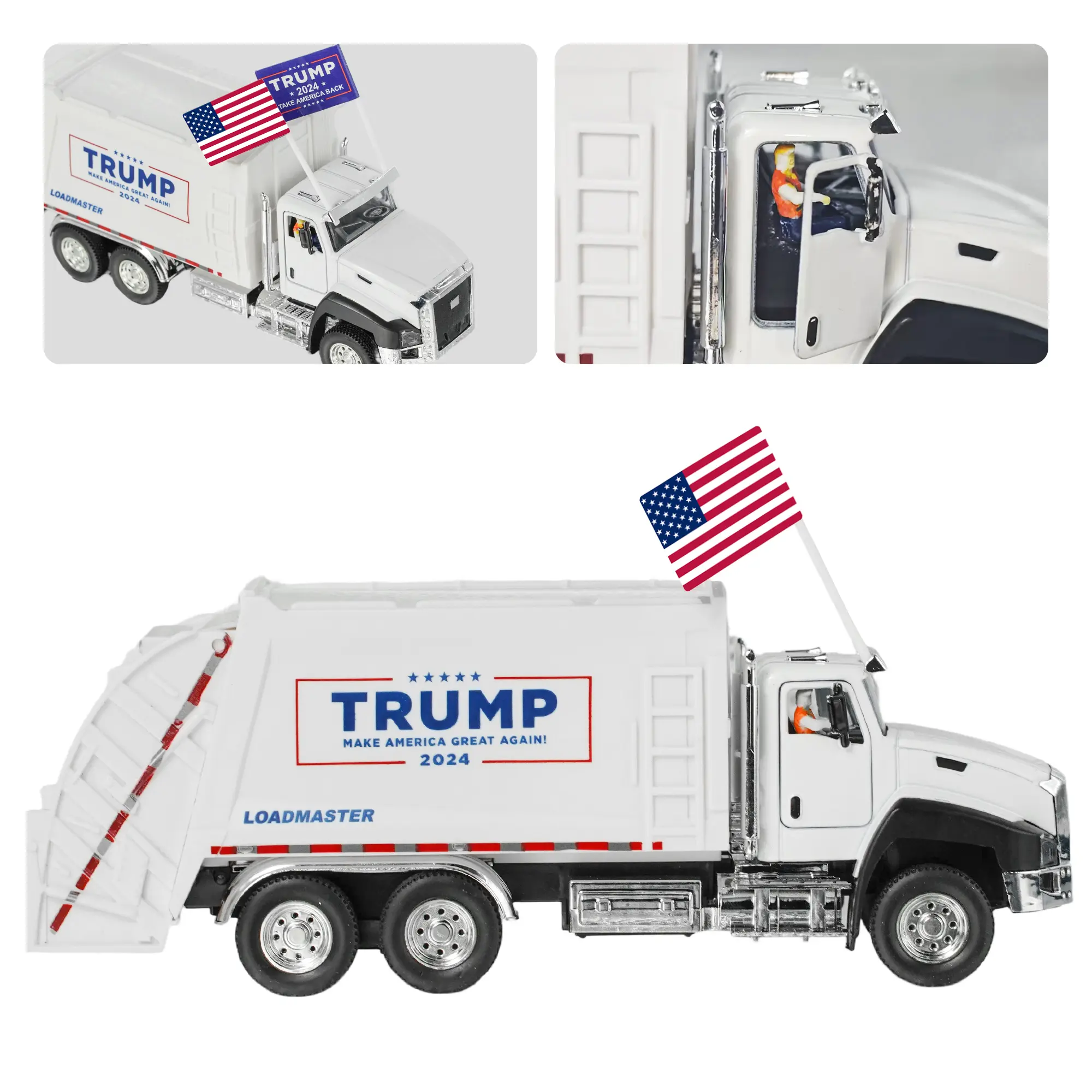 The 47th President Donald Trump 2024 Garbage Truck 1:50 Scale Pull Back Metal Model Toy with Figurine and Sound & Light Effects - Gift for Trump Fans, Election Souvenirs【SummerVibes]