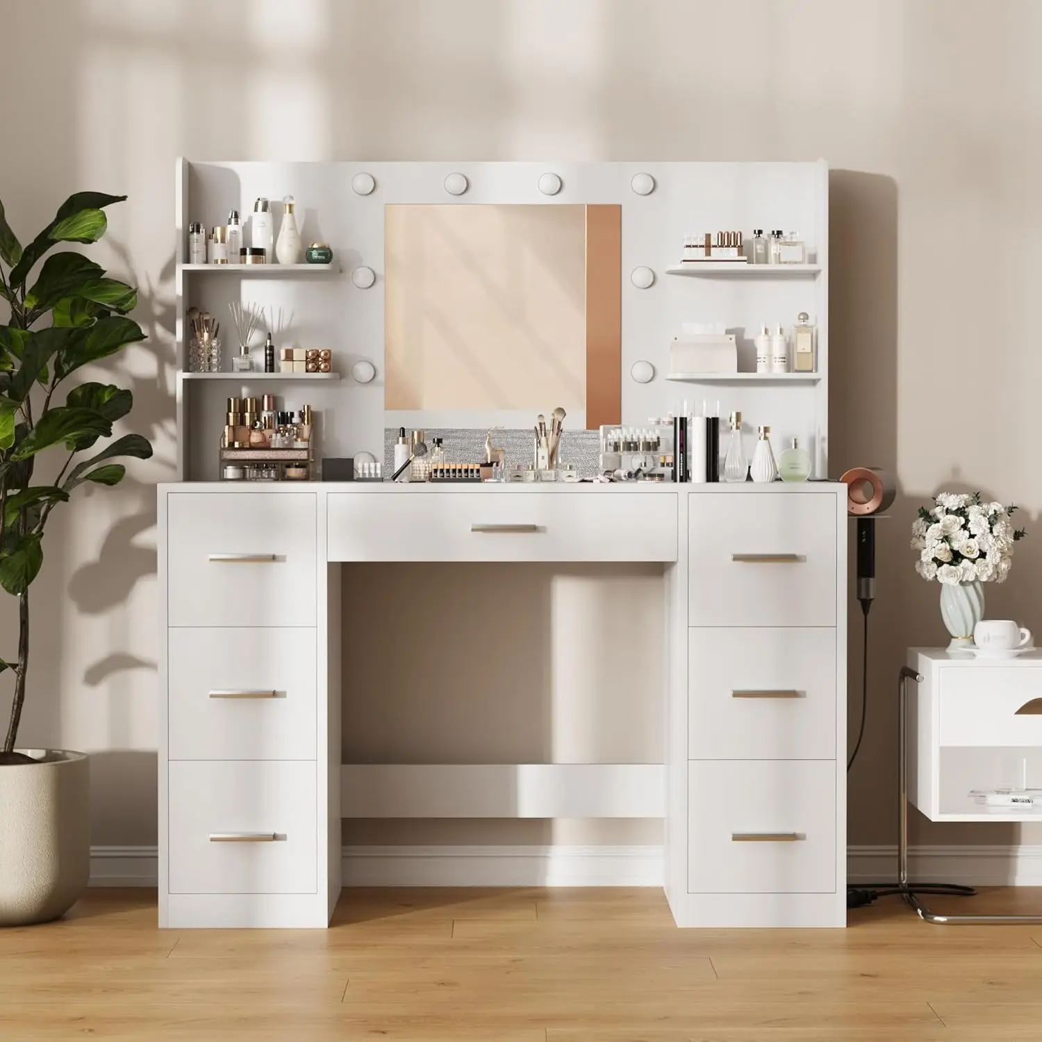 Furmax Lighted Vanity Desk with Hollywood Mirror & Power Outlet, Makeup Vanity Table with 7 Drawers & 6 Shelves, Modern Dressing Table for Bedroom, Cloakroom & Dorm, Graduation Gift, White