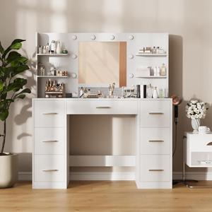 Furmax Lighted Vanity Desk with Hollywood Mirror & Power Outlet, Makeup Vanity Table with 7 Drawers & 6 Shelves, Modern Dressing Table for Bedroom, Cloakroom & Dorm, Graduation Gift, White