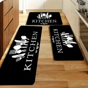 3pcs Minimalist Kitchen Mats, Elegant Cutlery & Letter Art, Durable Anti-Slip Safety, Classic Decor, Cooking Space Enhancement, Shag Area Rugs
