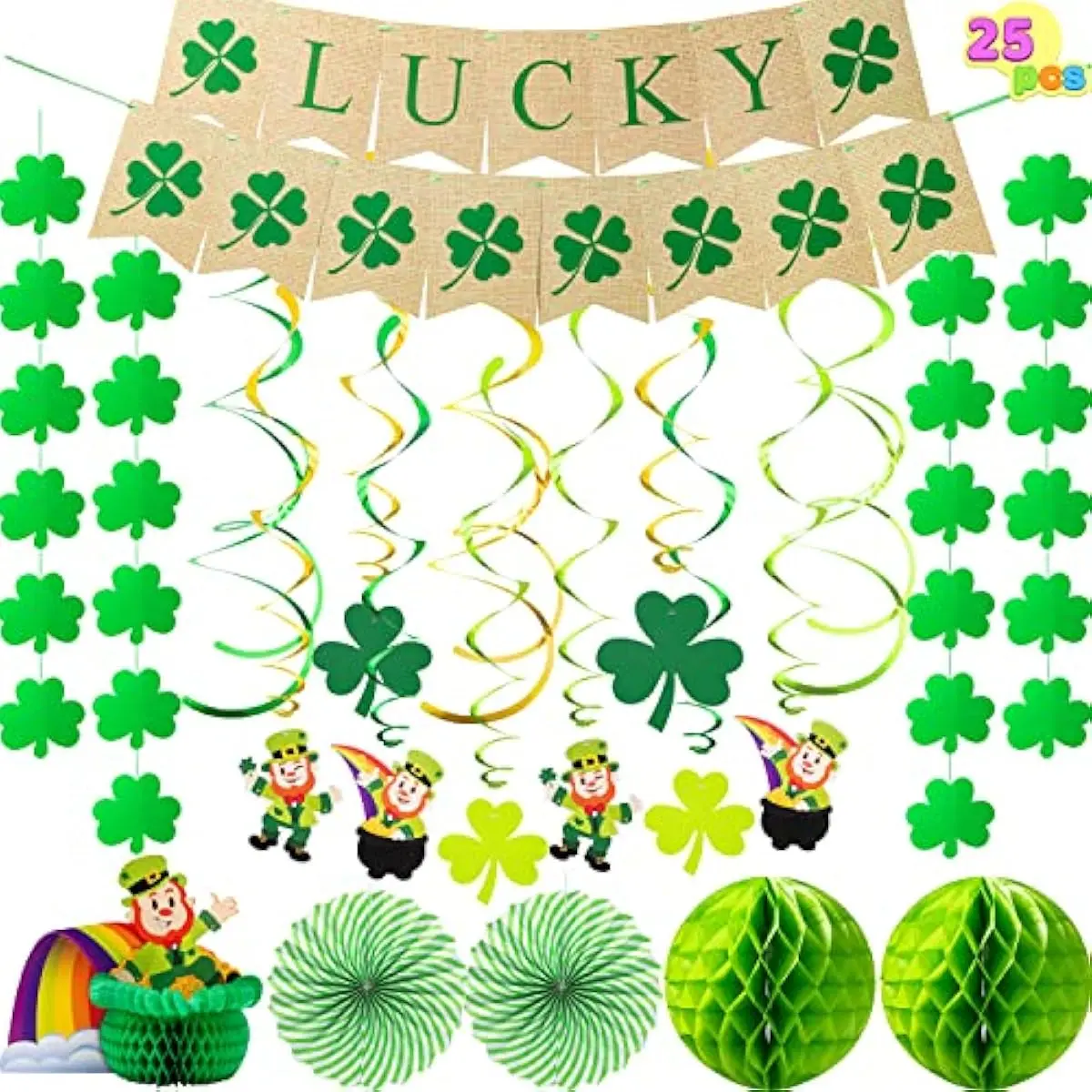 25 Pcs St. Patricks Day Decorations, 7FT Luck Shamrock Banner, Hanging Swirl, Paper Fan,Tissue Honeycomb ball, Leprechaun Tissue, Shamrock Ornament for Party Favors Accessories