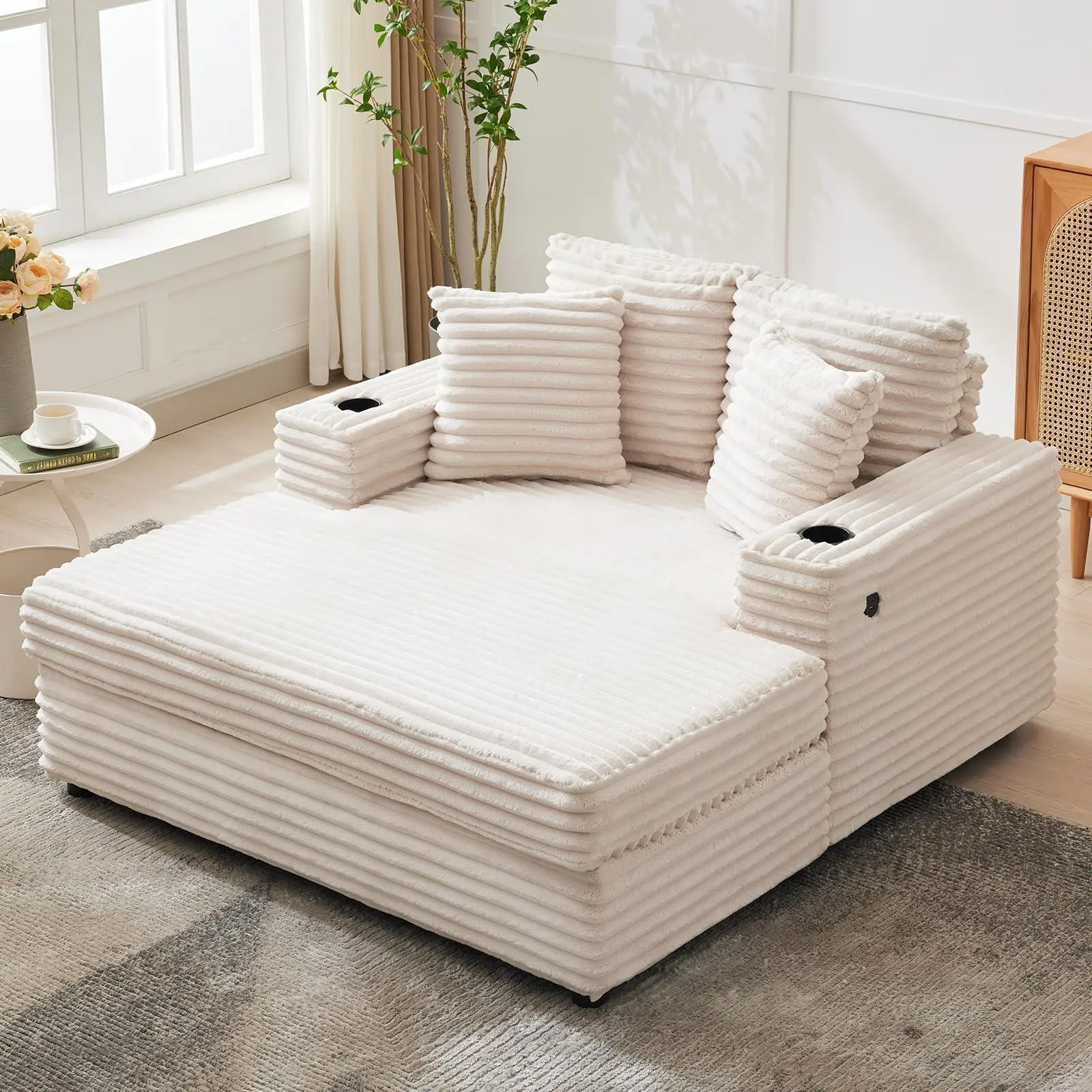 60-inch Beige Corduroy Armless Adult Indoor Chaise Lounge Chair (54 in x 60 in x 33 in) - Modern Foam Furniture with Plush Backrest, USB & Type-C Ports, Cup Holders, Throw Pillows, Charging Station - Easy Assembly, Cozy Sleeper for Living Room, Bedroom
