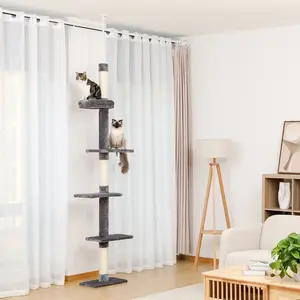 PAWZ Road Cat Tower 5-Tier Floor to Ceiling Cat Tree Height(95-107 Inches) Adjustable, Tall, Climbing Tree Featuring with Scratching Post, Cozy Bed,Interactive Ball Toy for Indoor Cats/Kitten