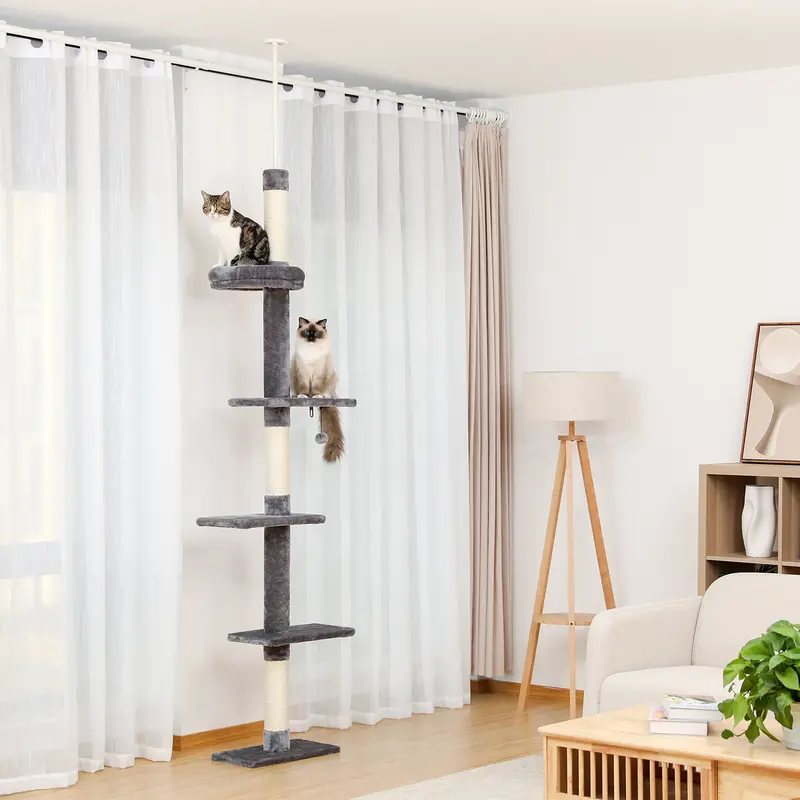 PAWZ Road Freestanding Tall 5-Tier Floor-to-Ceiling Adjustable Sisal Cat Climbing Tree (95-107 in), Cozy Bed, Scratching Post, Interactive Ball Toy for Small Indoor Kitty Under 11 lbs (Anti-Fall Strips Recommended for Stability)