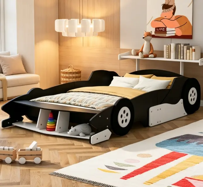 Corvette Racecar-Shaped Twin Platform Bed with Wheels, Safety Rails, Unique Design, Safe Sleep Kids Furniture, Functional Aesthetic Indoor Bed, 98.7in x 41.7in x 26.5in, Safe Sleep Bed, Aesthetically Pleasing