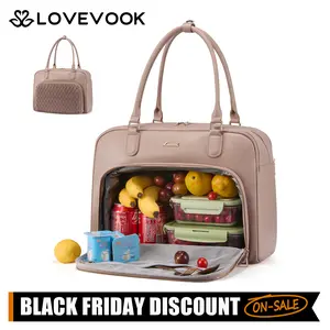 LOVEVOOK 2-in-1 Lunch Tote Bag for Women,17.3 Inch PU Leather Laptop Work Bag with Insulated Lunch Compartment, Large Capacity Quilted Insulated Lunch Bag,Suitable for Any Occasion