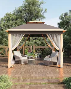 11 x 11 ft Pop Up Gazebo Tent, Easy Setup Outdoor Canopy with Mosquito Netting, Water and UV Resistant Patio Shelter, Heavy Duty Frame, Complete with Ropes, Stakes, Sandbags and Wheeled Storage Bag for Backyard, Garden