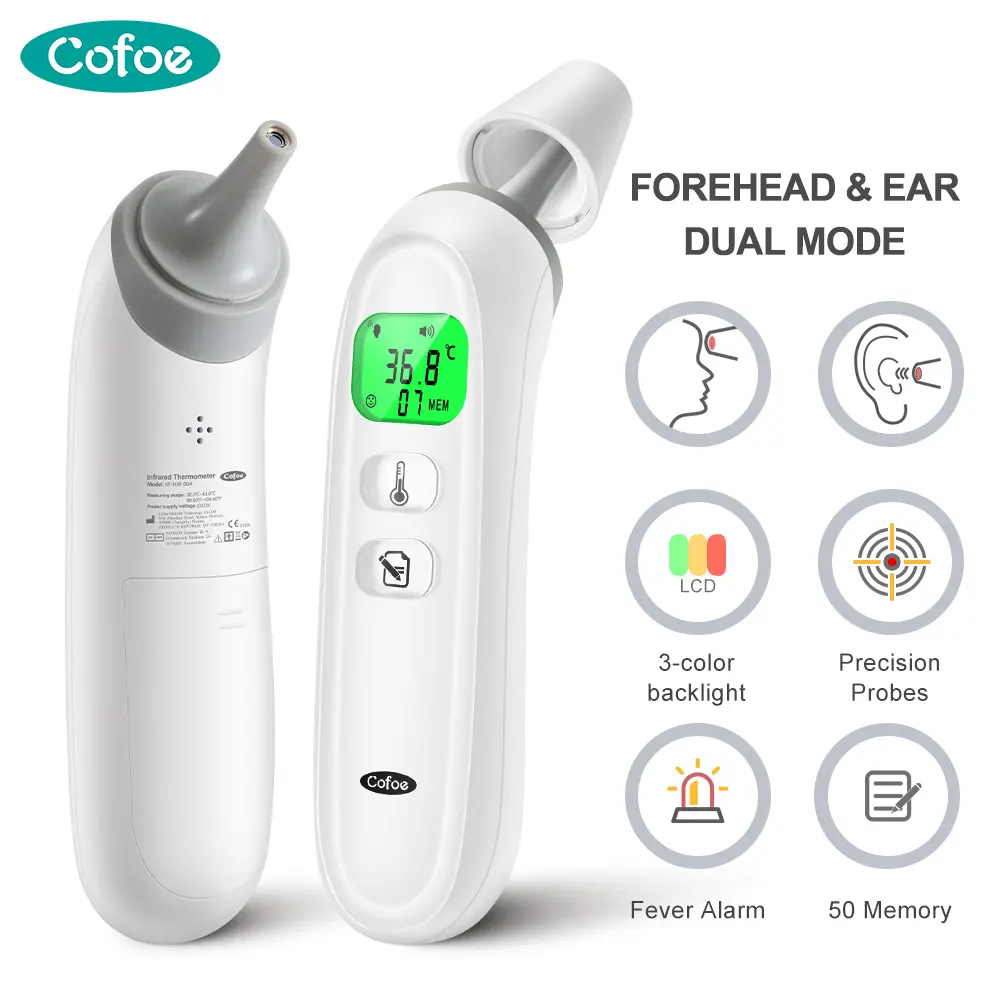 Cofoe Instant Non-Contact Infrared Thermometer 3-in-1 | Measure Forehead, Ear & Object Temperature, 3-Color Backlight, 1 Second Precise Read, 50 Memory Storage, Baby Adult Use, Batteries Pre-Included