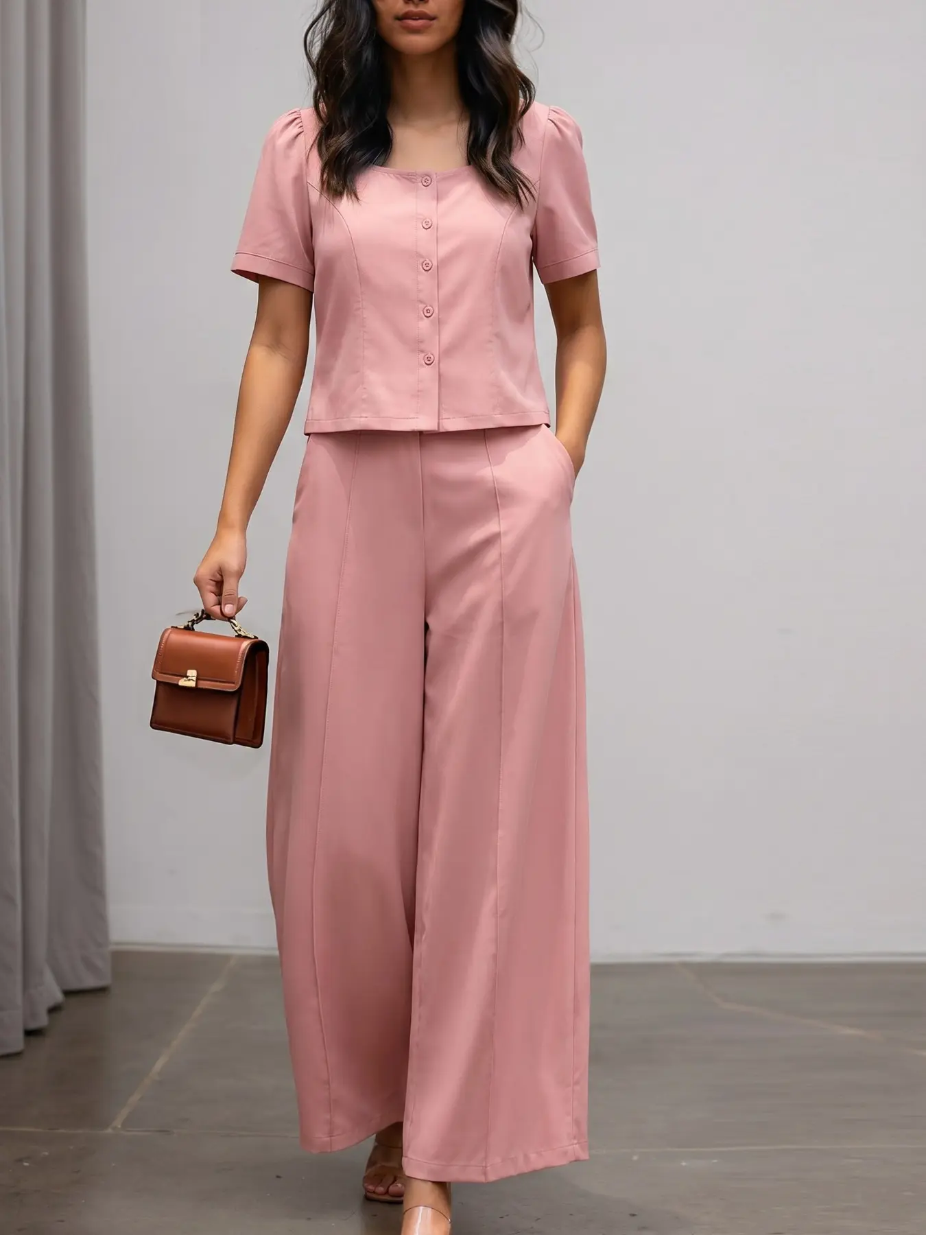 Women's Square Neck Bubble Short Sleeve Shirt + Long Pants Set, Casual Loose-Fitting Suit, Chic Spring & Fall Fashion, Medium Length Top