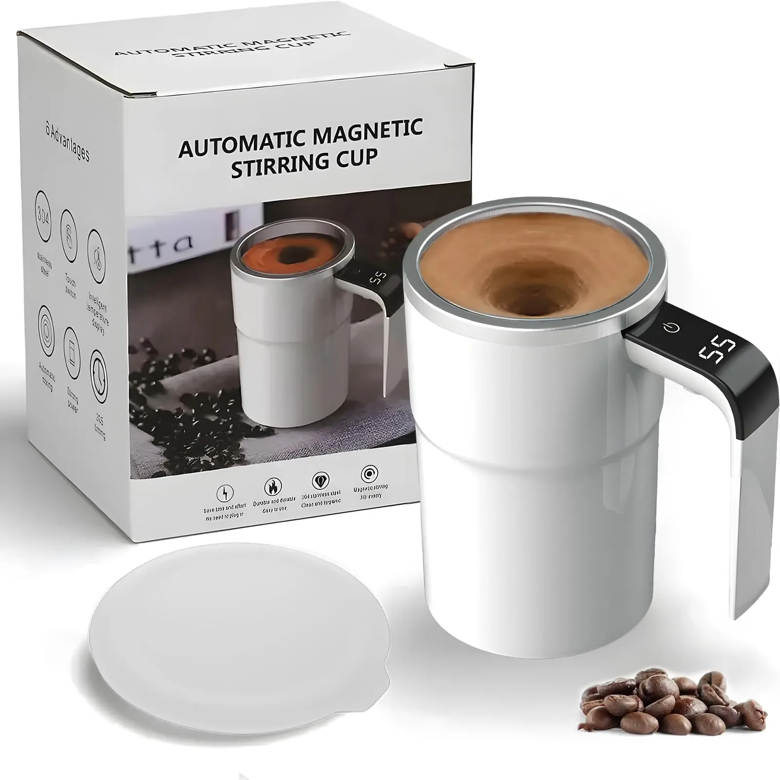 Reusable Stainless Steel Electric Self-Stirring Coffee Mug Tumbler - Magnetic Rechargeable Automatic Mixing Drink Cup with LCD Thermometer, 30s Powder Dissolve, Works with Coffee Tea Milk Shakes, Best Gifts for Office Travel