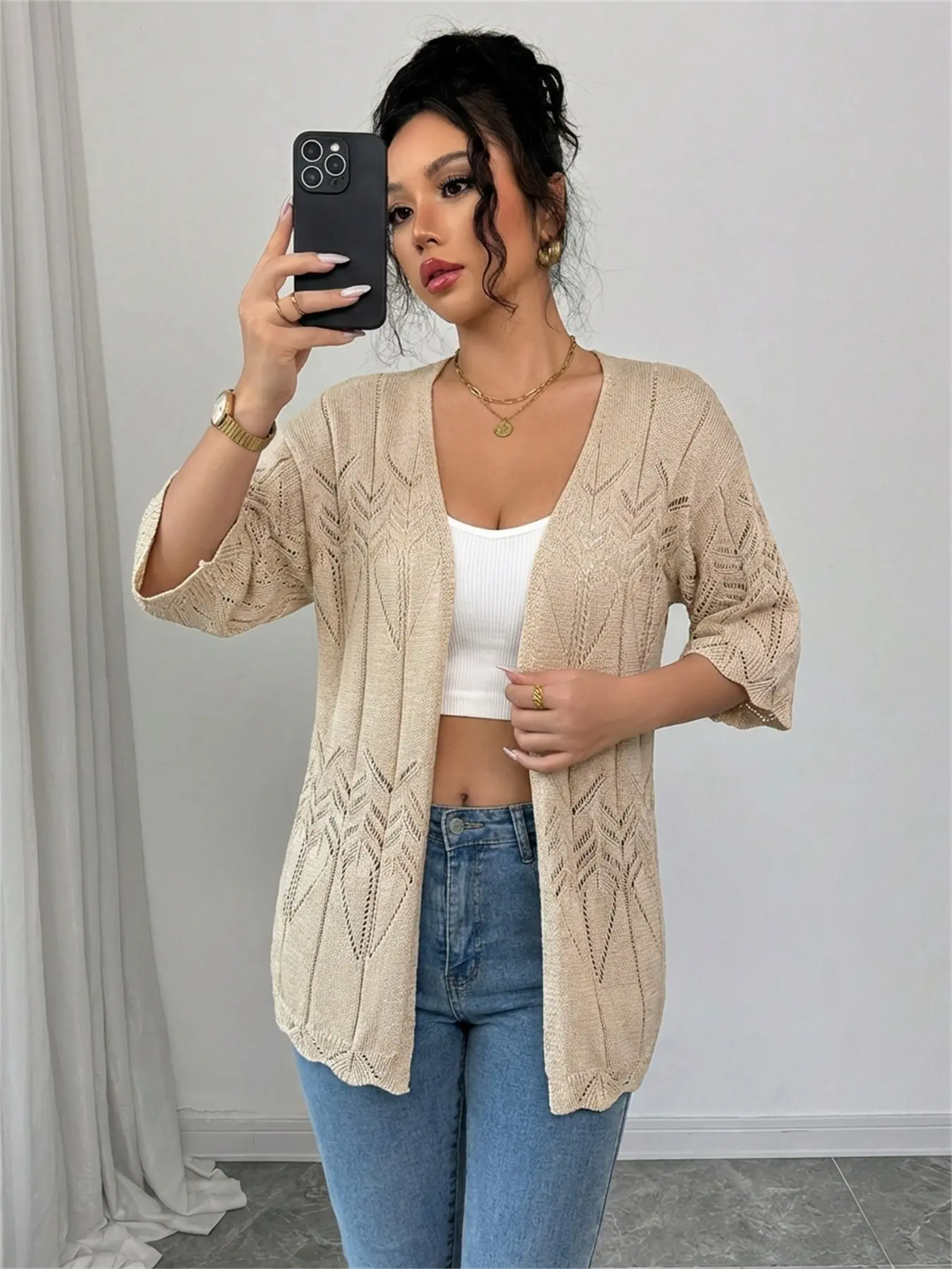 Summer Hollow Out Short Sleeve Knit Shrug Cardigan Knitting, Vacation Beach Plain Top, Lightweight Thin Outerwear for Women, Casual Fashion Style Knitwear Womenswear, Breathable Knit Clothing, Breathable Knitted