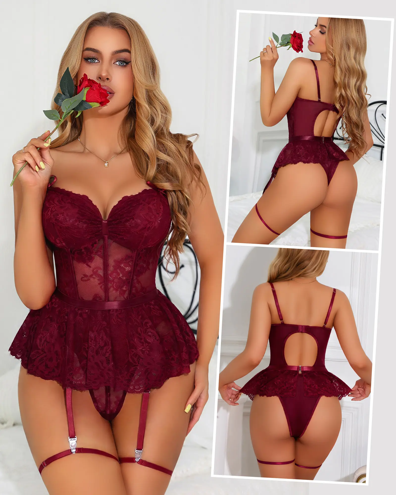 CHALOVELO Women's Floral Mesh Sheer Wireless Teddy Lingerie Set - Lace Bodysuit Skirt, Adjustable Wide Straps, Crotch Snap Sleepwear
