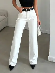 Women's Washed Denim Elastic Comfort Fabric Jeans, Wide Leg Long Pants, Slim Fit, All Seasons, Loose-Fitting, Zipper Fly, Womenswear