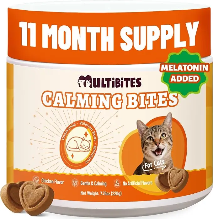 MultiBites 330 Bites Calming Bites for Cats – With Melatonin, L-Theanine, Chamomile, and Valerian Root Extract. Promotes Natural Calmness, Eases Noise Fear, and Soothes Nervous Tension.