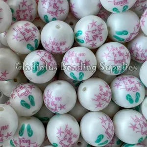 20mm Take me to the Beach Print Acrylic Bead, Summer Beads, Bubblegum, Chunky Round, Gumball, Beading Supplies, Summer Theme, Beach Theme