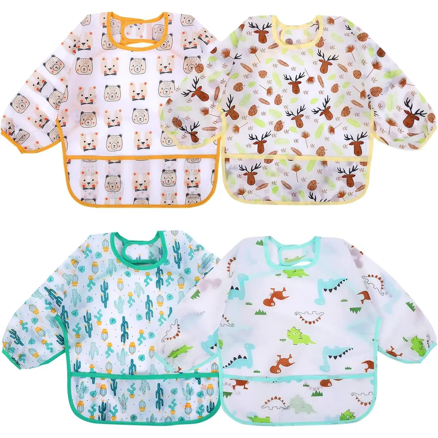X-GCS03  4 Pack Long Sleeve Bibs, Baby Smock Waterproof Sleeved Bib Smock for Baby Toddler 6-36 Months