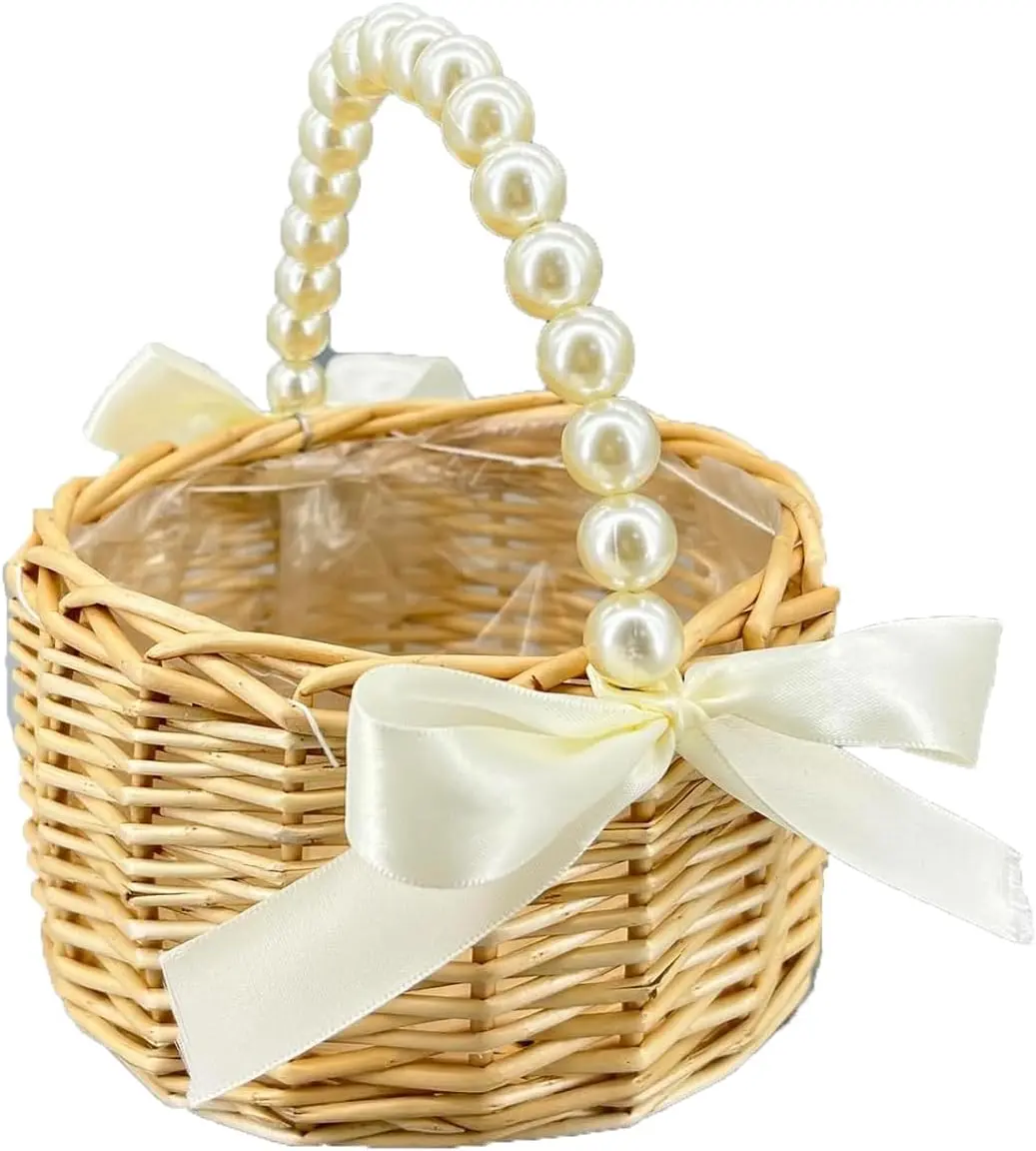 Wicker Rattan Flower Girl Basket with Bows, Pearl Handle Flower Basket, Wedding Flower Girl Basket and Home Decorations.