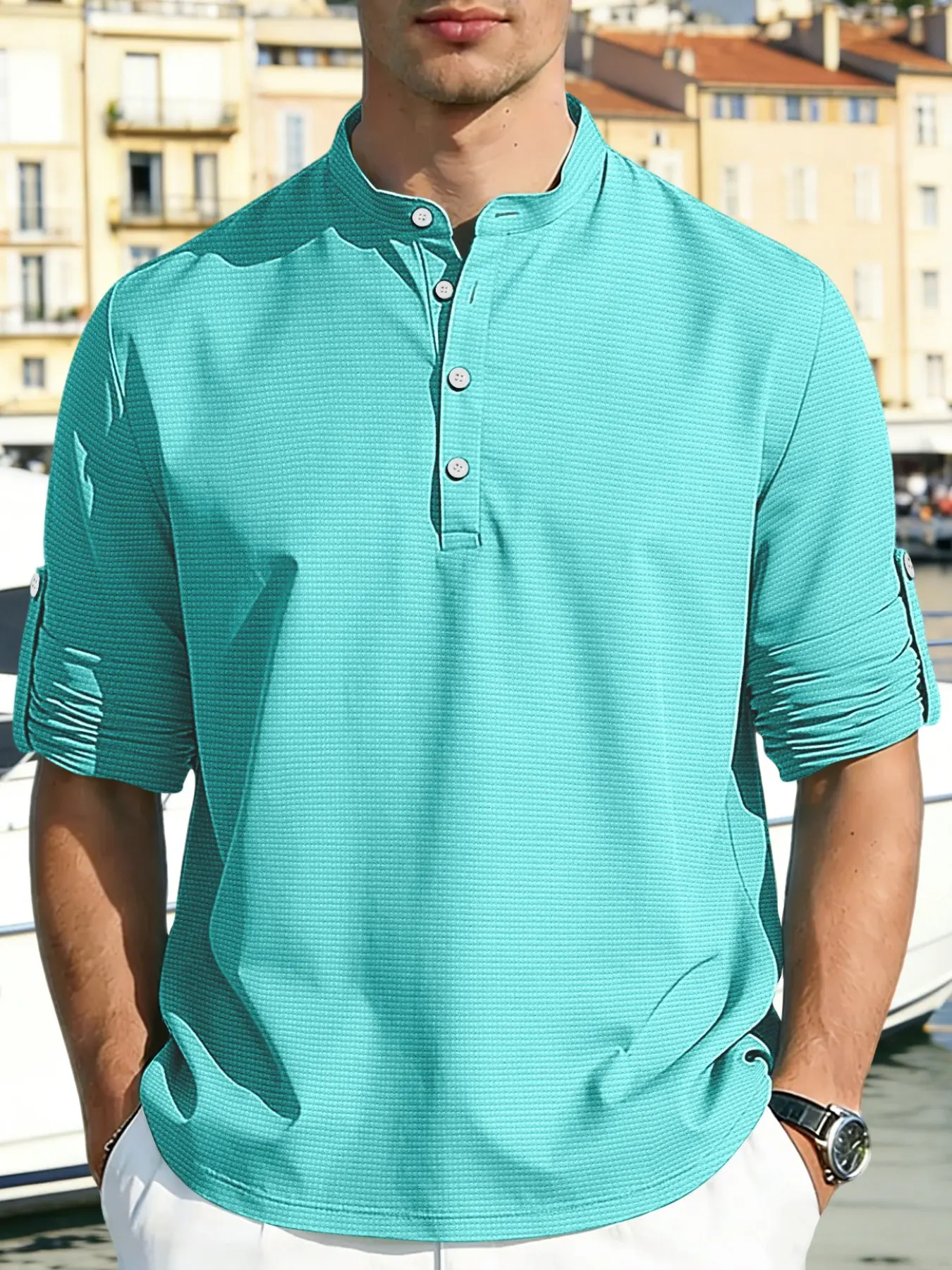 A new men's plain waffle jacquard knitted long-sleeved T-shirt, summer regular version casual button-front top, can be rolled up and fixed, daily wear fashion men's clothing, men's spring and autumn long-sleeved shirt, Casual Summer Tops, Menswear