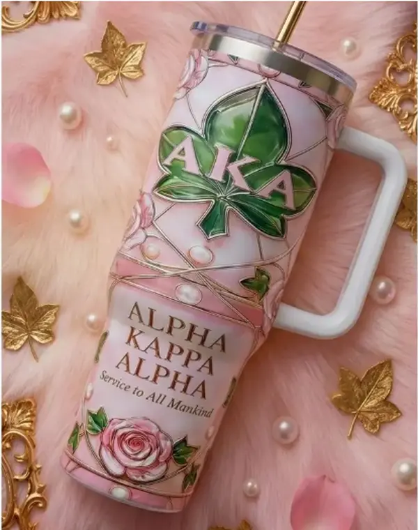 Alpha Kappa Alpha Tumbler with Handle – AKA Sorority Luxury Mug, Pink & Green Stainless Steel Cup, Perfect AKA Gift
