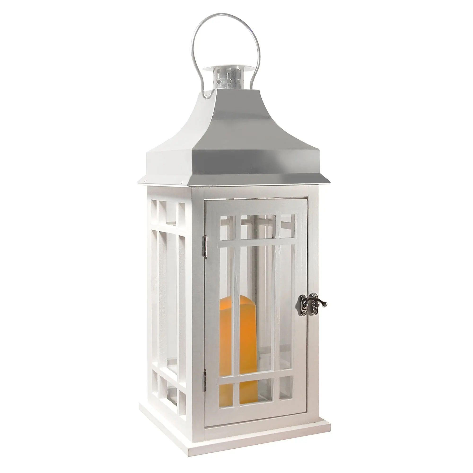 LumaBase Wooden Lantern with Battery-Operated LED Light - White, Chrome Roof, Glass Panel, Metal Accent, Removable Hanging Indoor Candle Holder, Easy Switch, Timer, Casual Home Decor, Home Accessories, Interior Decoration Accessories, Room Decor, Lanterns