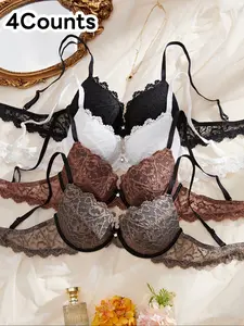 Women's Sexy Push-Up Bra Set of 4, Lace Bras, Lace Trim Design, Underwire Support, Perfect for Daily Wear, Comfortable and Stylish