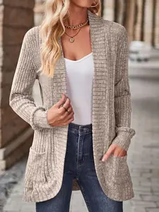 Lune Women's Lightweight Cardigan with Pockets, Ribbed Texture for Trendy Everyday Casual Wear in Fall & Winter, Comfortable Fitted Style, Knitwear, Womenswear, Tops