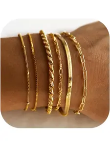Gold Bracelets for Women Waterproof 14K Gold Plated Bracelet Stack Set Non Tarnish Trendy Thin Dainty Stackable Cuban Link Paperclip Chain Bracelet Pack Fashion Cute Jewelry Set