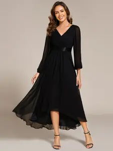 Ever-Pretty Comfort Long Sleeve A Line Chiffon Pleated Asymmetrical Hem Formal Dress Womenswear 09894