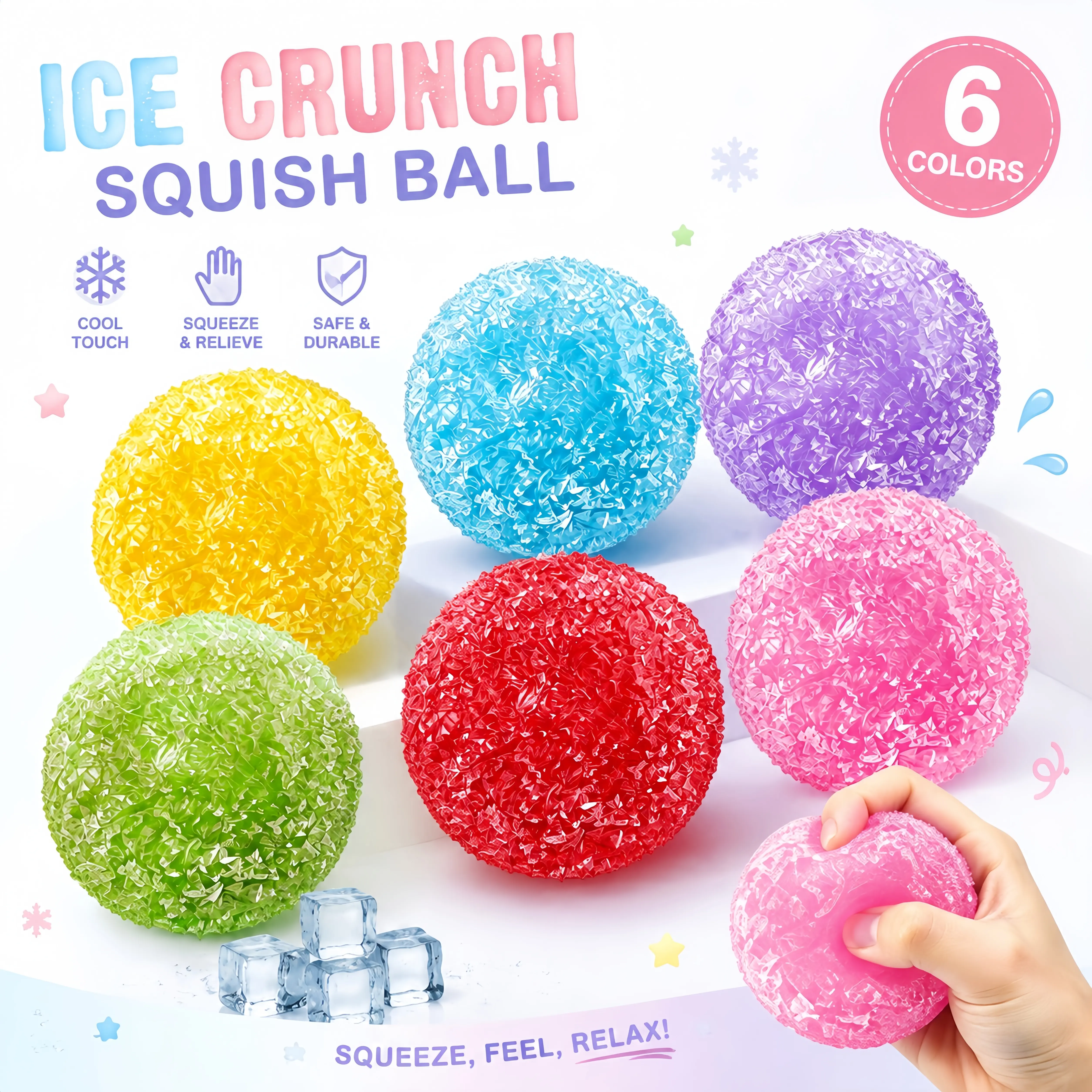 Moldable Non-Rebound Crunchy Squishy Ice Crunch Ball - ASMR Cool Touch Squeeze Fidget Toy, Soft Stress Relief Sensory Decompression Item for Kids, Anxiety Relief Desk Decor Birthday Gift Squishies Crunchy