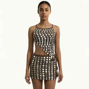 LIFIRE 100% handmade 2 Piece Sequin Crochet Set - Hollow Out Beach Cover Up Skirt Set for Women Festival Outfit