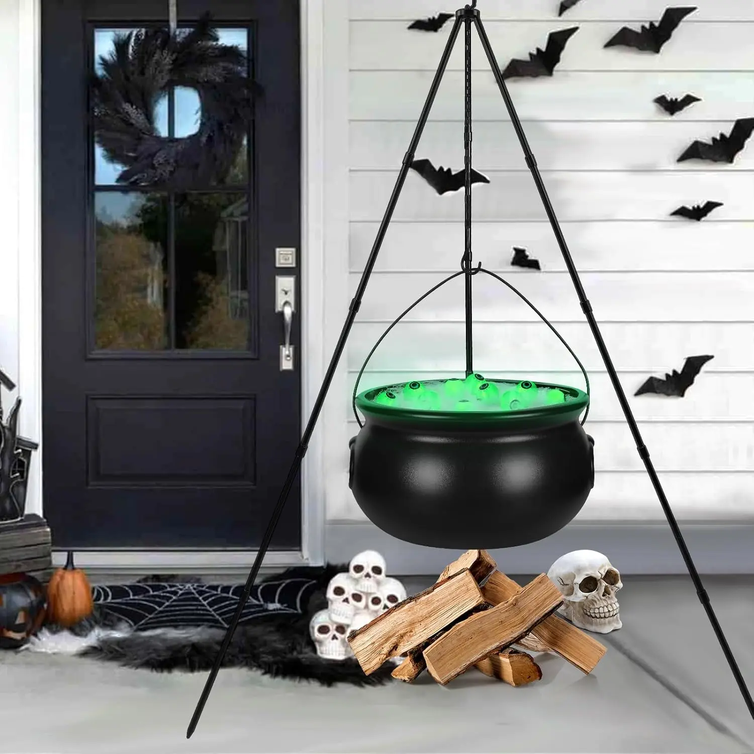 Halloween Gift Decorations Outdoor，Black Plastic Bowl Halloween Party Decoration Large Witches Cauldron on Tripod with String Lights Candy Bucket Decoration for Home Decor Porch Indoor