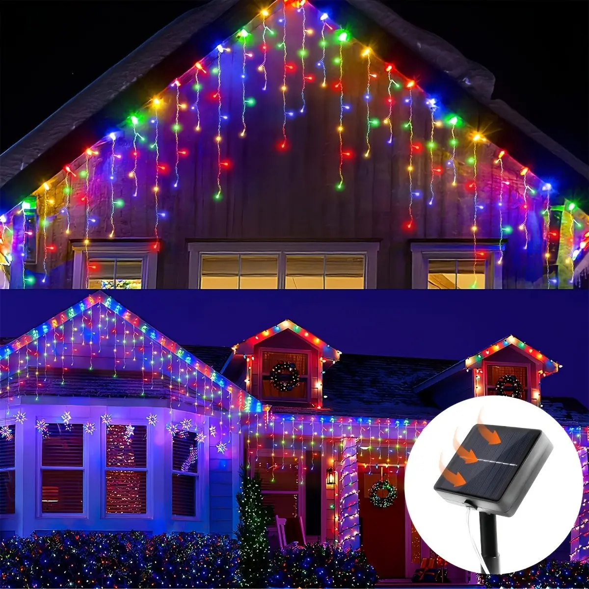 Solar String Lights - 1 Pack 96-LED Multi-Holiday Icicle Shape, 13 ft Splashproof IP65 Solar-Powered Eaves Hanging Strip with 0-5W Cells, for Garden/Outdoor Spaces, Christmas