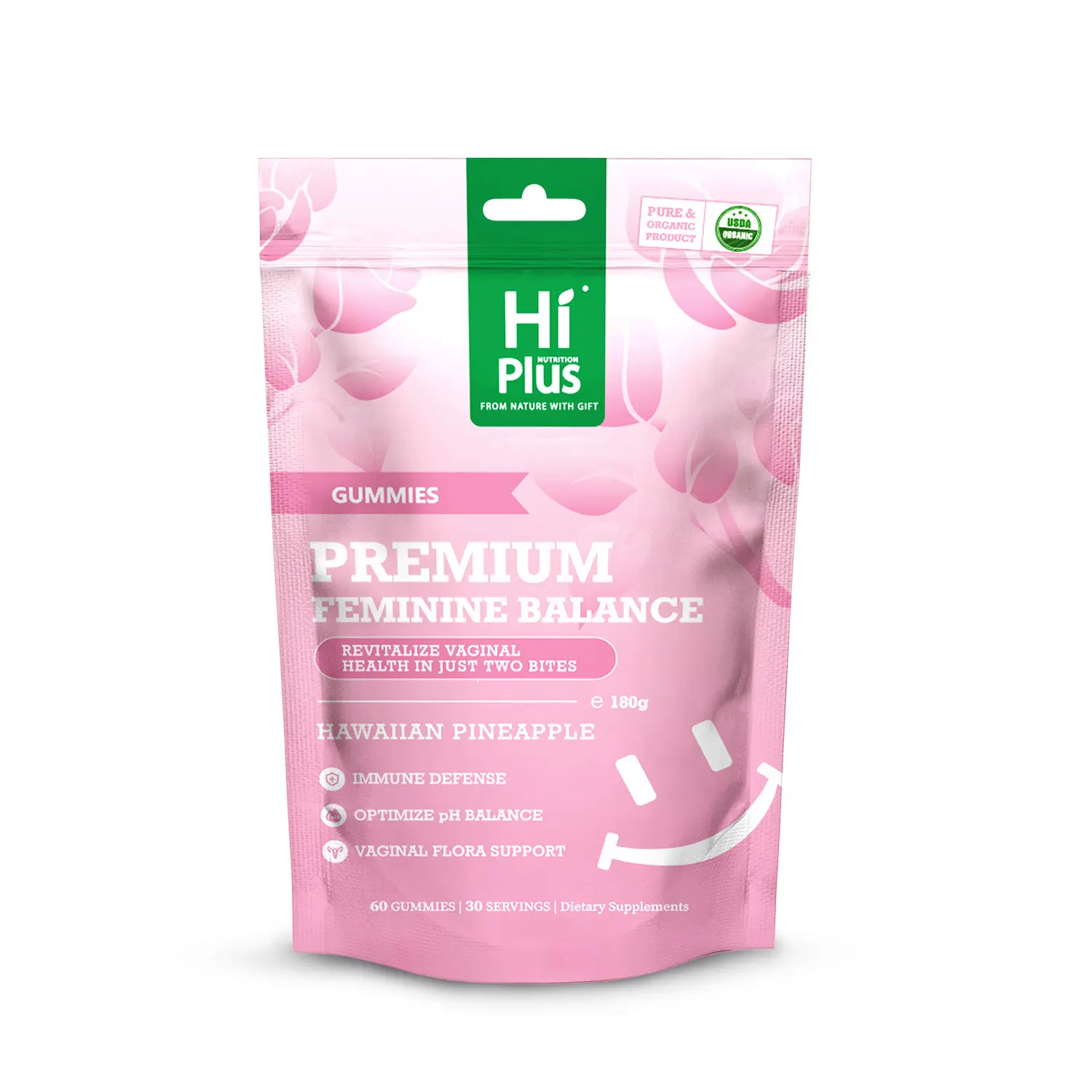 HiPlus Premium Feminine Balance Gummies for Women's Health & Wellness Immune Support Vegan Gluten-Free Hawaiian Pineapple Flavor 60 Gummies 30 Servings