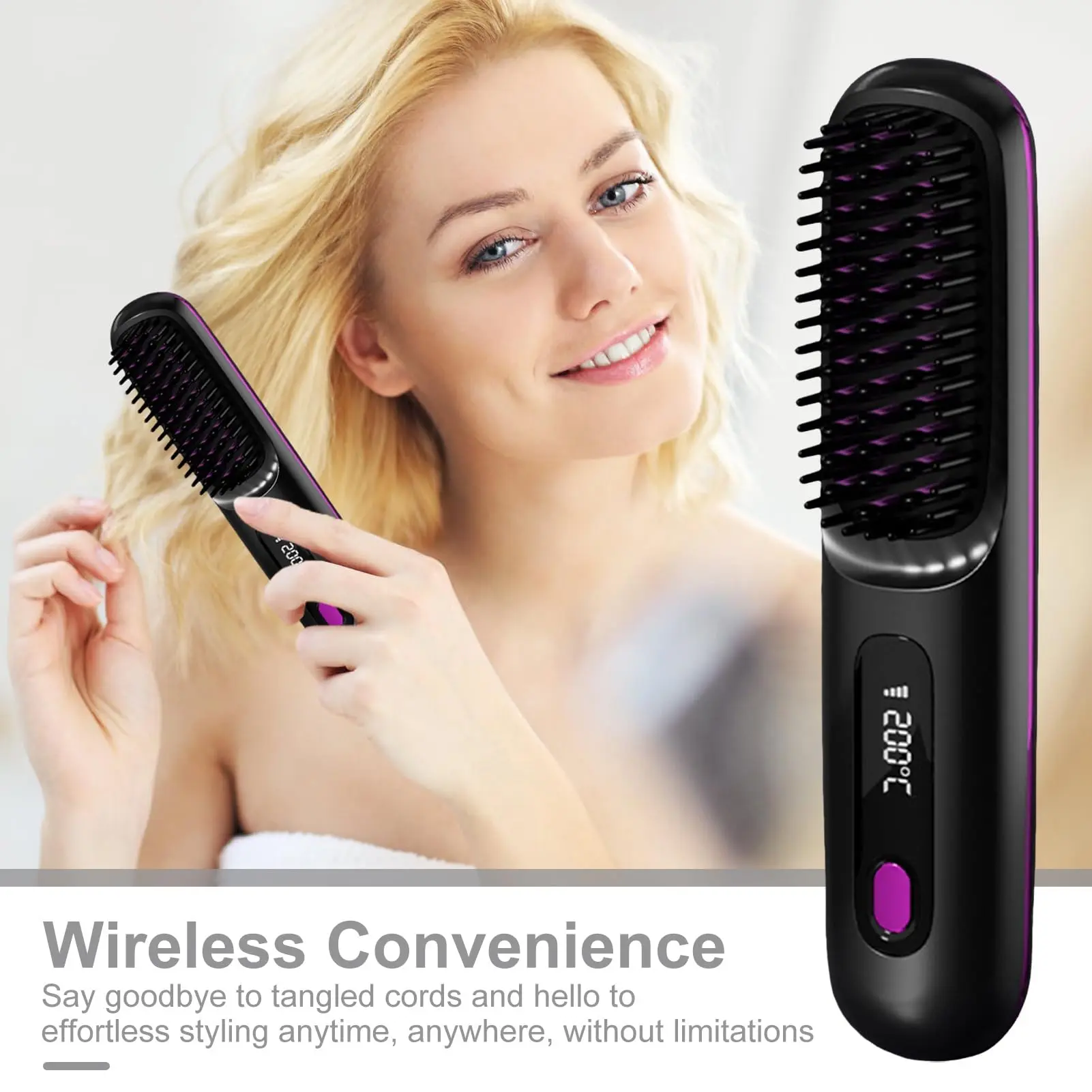 Cordless Hair Straightener Brush 3 Temperatures LCD Display Fast Heating USB Rechargeable Portable Hot Brush Electric Fluffy Curly Hair Styling Detangling Comb Christmas GiftBlack