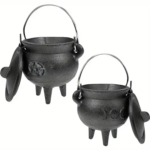 TOPFISH Durable Cast Iron Cauldron Incense Burner - 10x7.5x7.5cm Small Classic Shape with Lid, Carry Handle, Pentagram, Aroma Freshener for Witchcraft Spells, Haunted Houses, Witchy Gifts