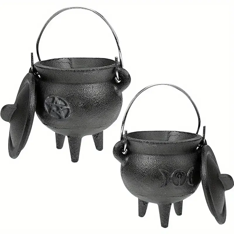 TOPFISH Cast Iron Cauldron Tool - Classic Shape, Small Size Home Fragrance Incense Burner with Lid and Carry Handle, Ideal for Witchcraft Spells, Halloween Home Decor