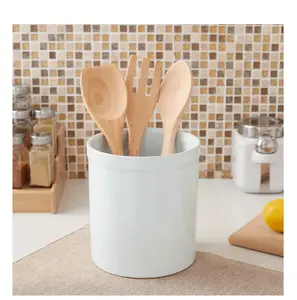 Glazed Stoneware Utensil Holder White for Kitchen Storage with Wooden Utensils Included Knives