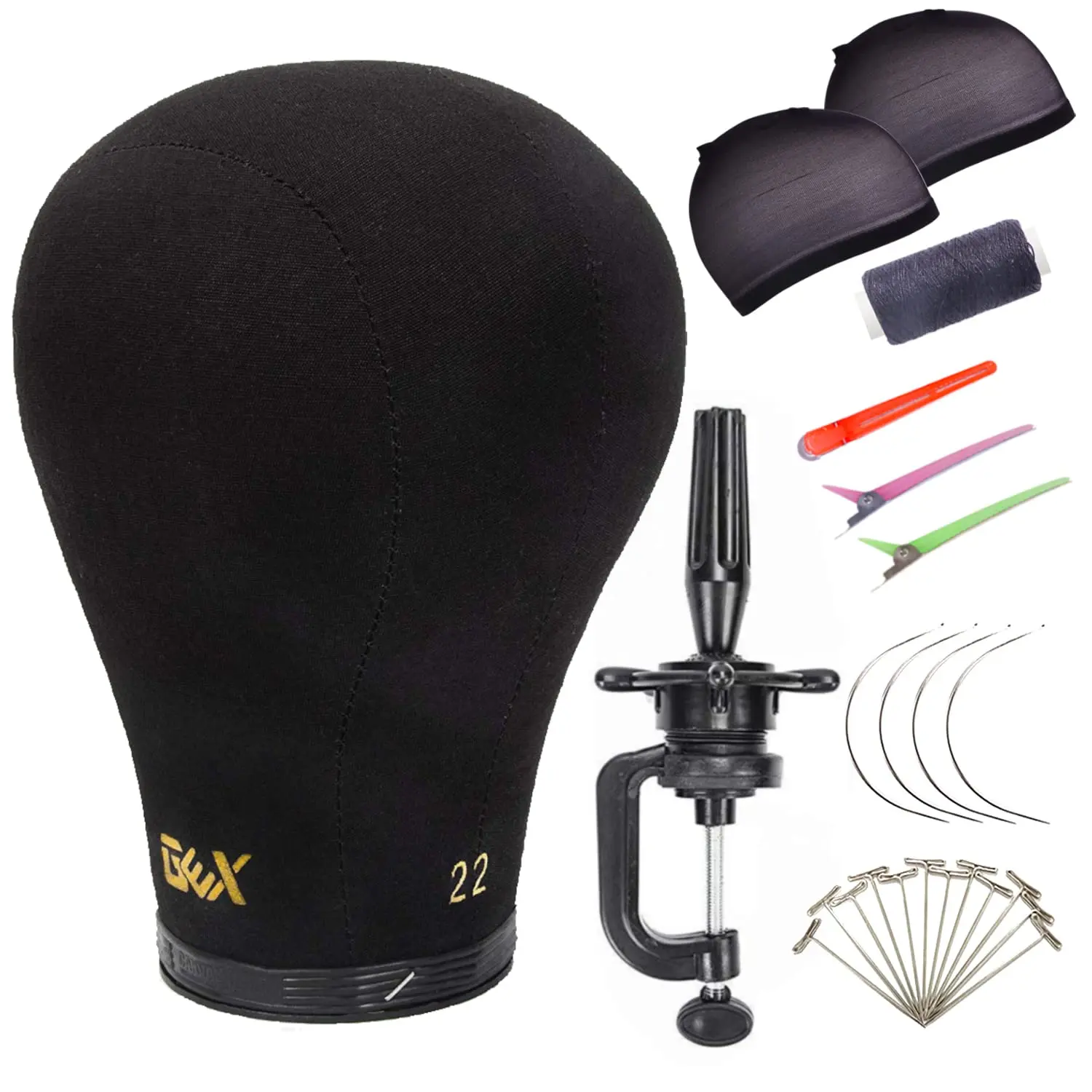 Gex 20-24" Canvas Cork Wig Block Mannequin Head Wig Tool with Table C-Clamp Stand, Black Rubber Circle, Gold Symbol & High-Density Inner Canvas for Hair Replacement, Styling Display, Drying, 10-Inch Height, Patented Base, 21-Inch Circumference, 21 In
