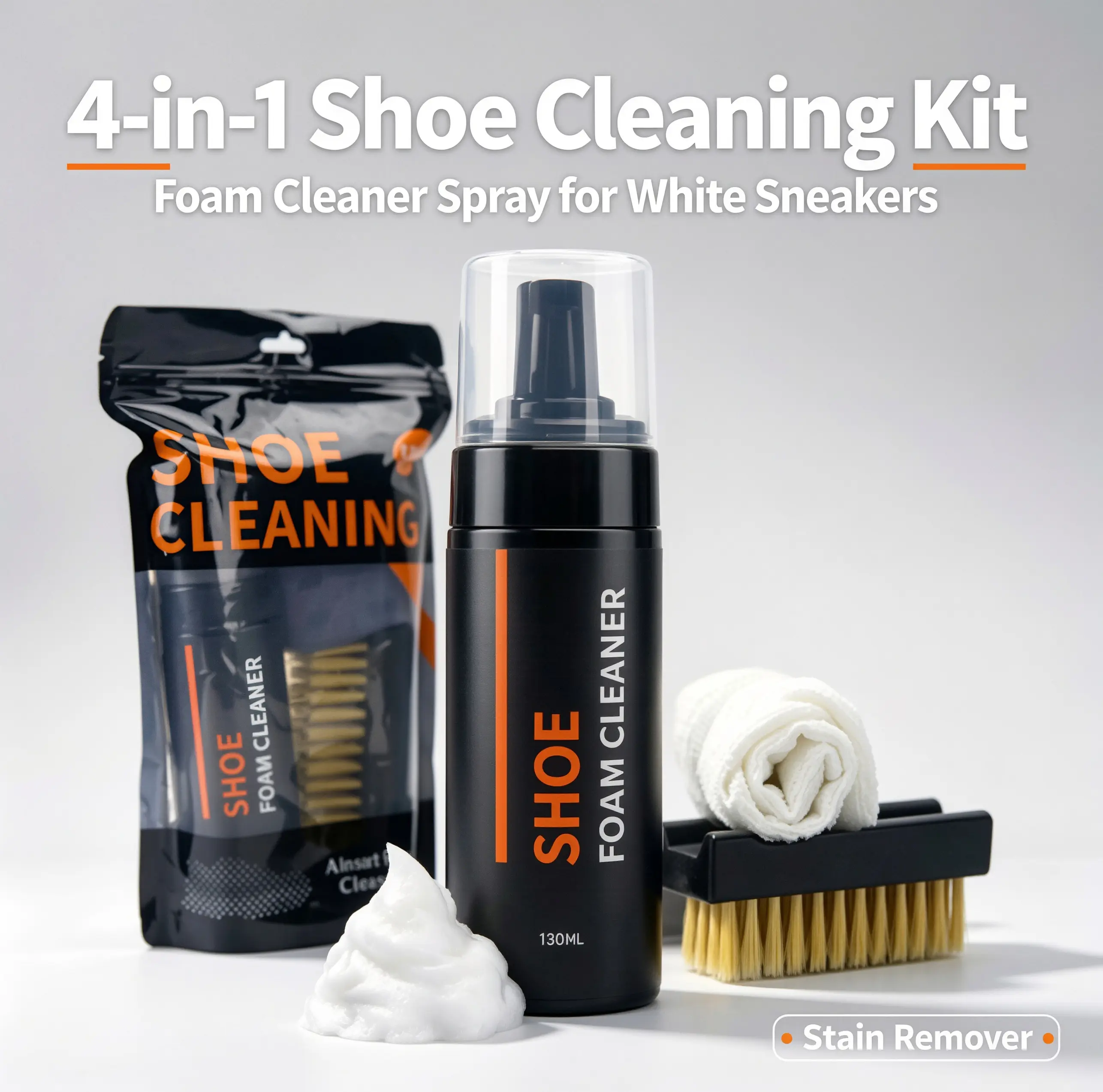 Complete 4-In-1 White Shoe Cleaning Kit| No Water Washing| Safely Cleans Sneakers & PU Leather Shoes Durable Shoe Foam Cleaner Spray With Cleaning Brush & Microfiber Towel