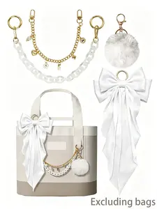 4Pcs White Satin Bow Bag Accessories Set, Gold Charm Chain + White Acrylic Chain + White Fluffy Pom Pom + Satin Bow Scarf, Decorative Charms for Tote Bags, Handbags, Trendy Bag Charms, Purse Accessories