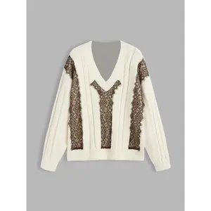 Cider [size 2-10] Solid V-neck Lace Trim Oversized Knitted Top SwimWeek