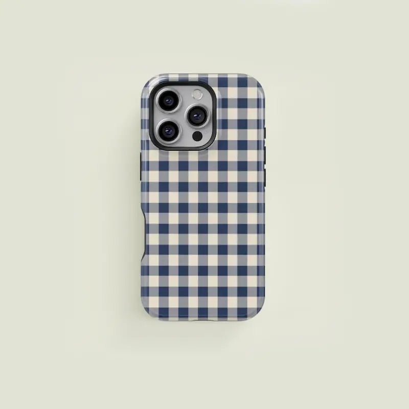 Mini Plaid Navy and Cream rugged 2-in-1 case with a durable, shock-absorbing, stylish design. Compatible with iPhone 17 16 15 14 13 12 11 Pro Max Pro Plus Samsung Galaxy S25 S24 S23 Ultra