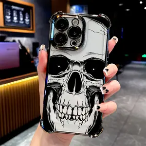 Four Corner Anti-Fall Back Black Skull Electroplated Pattern Phone Case for iPhone 16 Pro Max 15 Plus 14 13 12 11 E Shockproof Transparent Protective Cover
