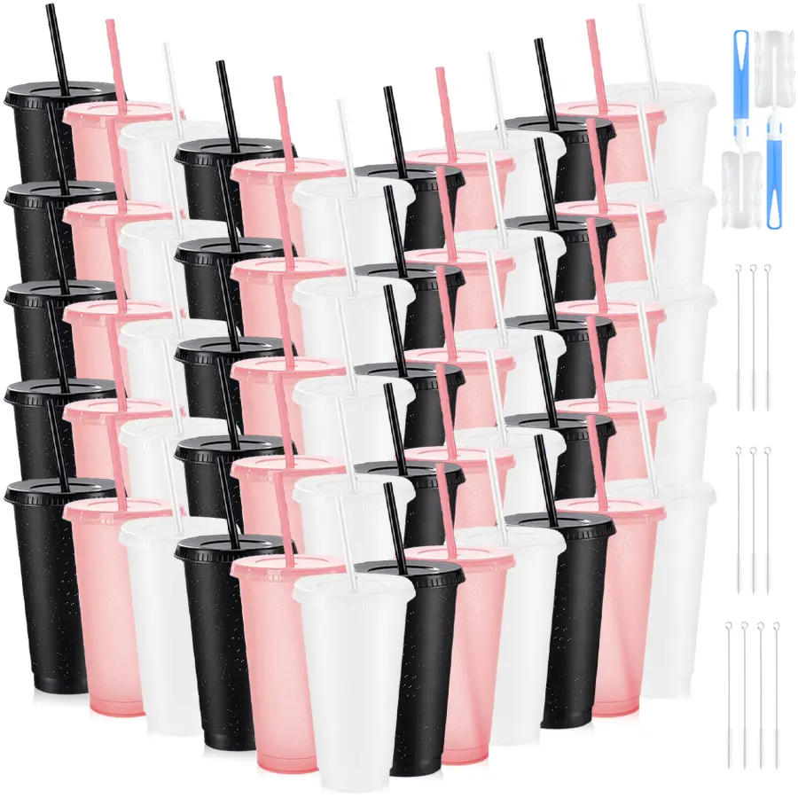 HILAKE 60pcs Polypropylene Reusable Water Cups & Bottles Set - Durable PP Drinkware with Lids, Straws, Cup Brushes, Straw Caps - Bulk Gift Items for Birthday Parties, Daily Hydration